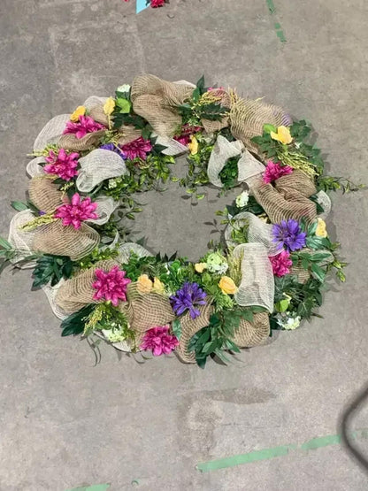 Floral Wreath with Burlap Ribbon 40”
