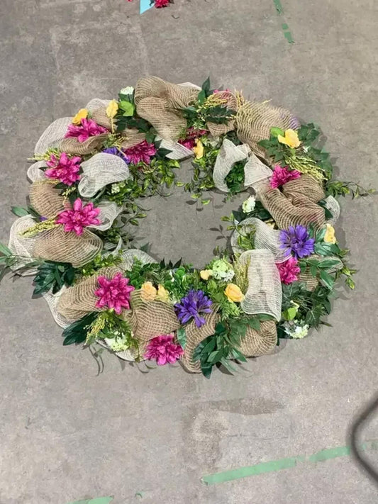 Floral Wreath with Burlap Ribbon 40”