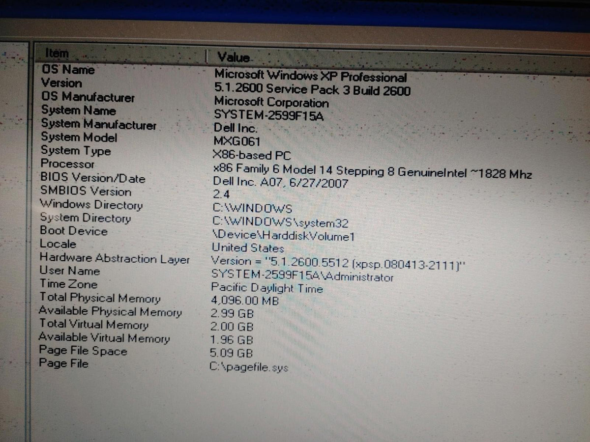 Bon état Dell XPS M1710 C2D 1,83 GHz 4 Go RAM 500 Go HDD WinXP Problème d'affichage