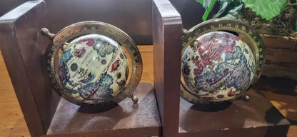 Pair of Decorative Mini Globe Bookends with Wooden Bases
