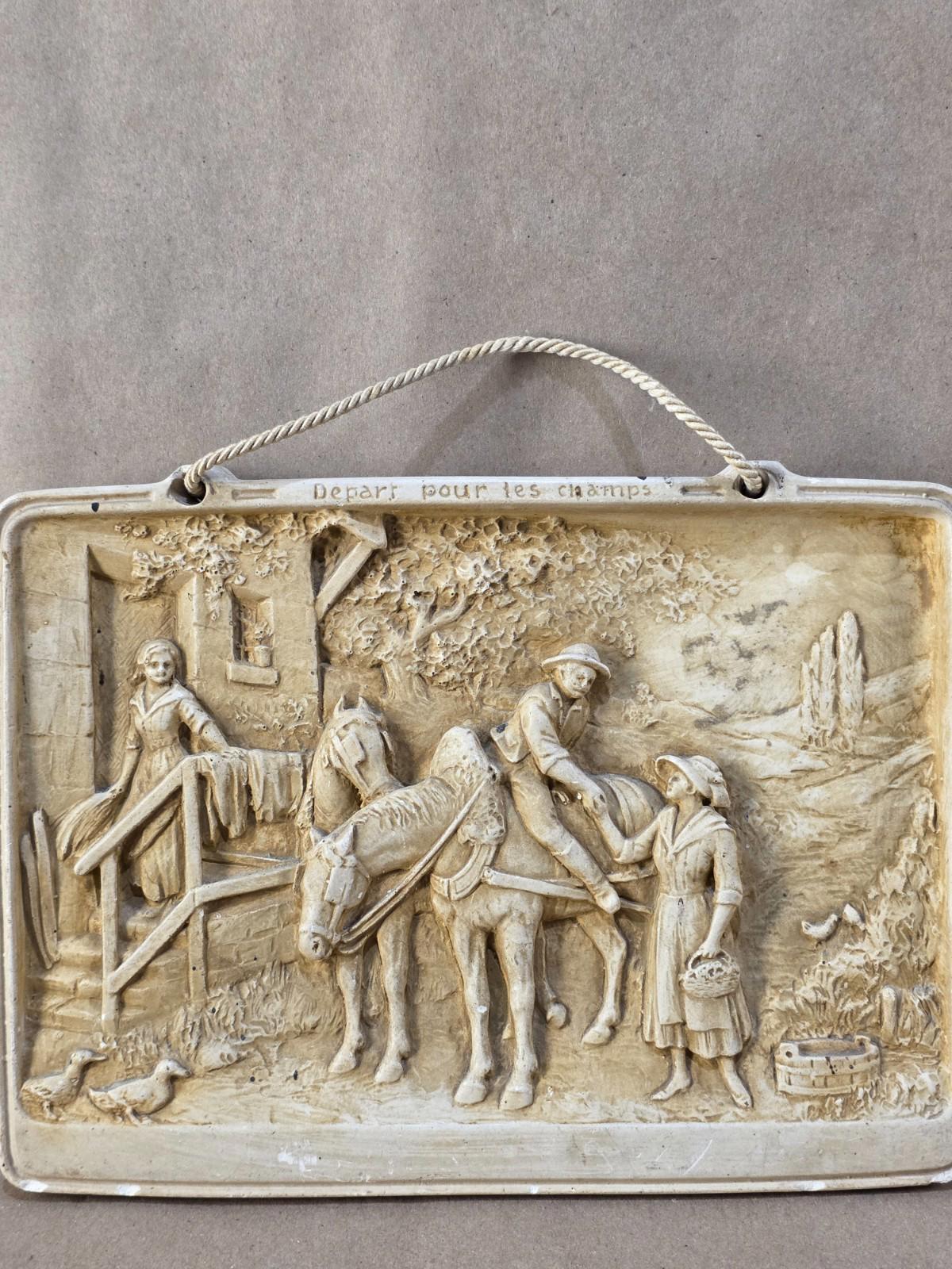 Vintage French Bas-Relief Wall Plaque “Départ pour les champs” Chalkware France