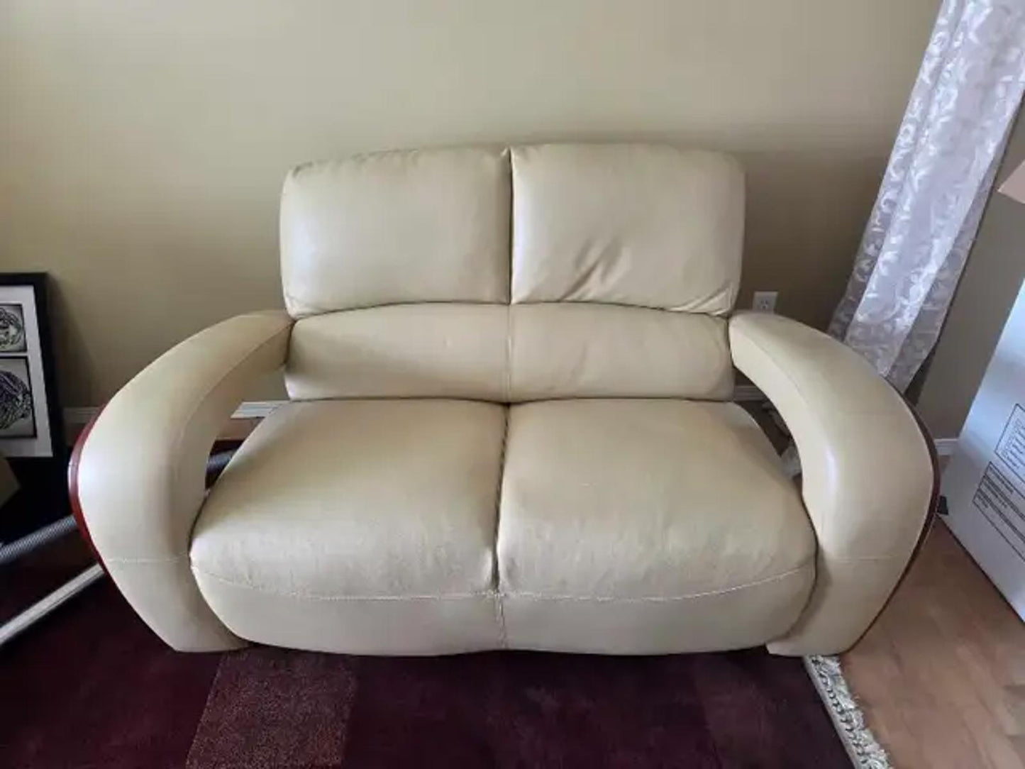 Contemporary Curved Leather Loveseat - Cream