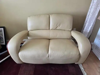 Contemporary Curved Leather Loveseat - Cream
