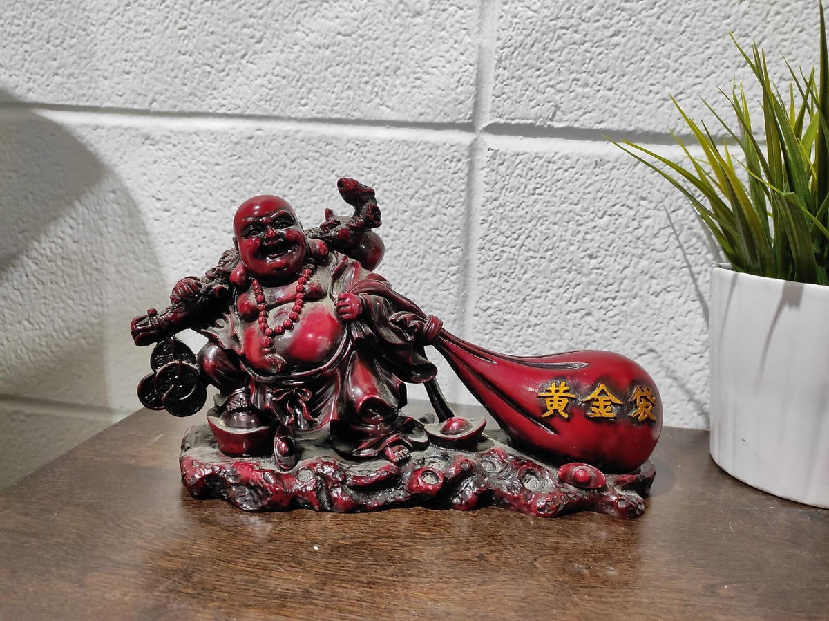 Buddha Happy Statue Laughing Figurine Red Resin Feng Shui