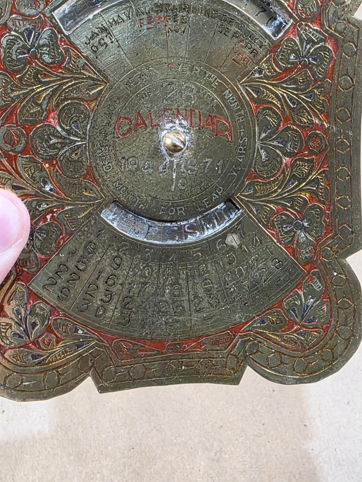 Vintage Embossed Brass Perpetual Desk Calendar; 28-Year Calendar 1944 to 1971