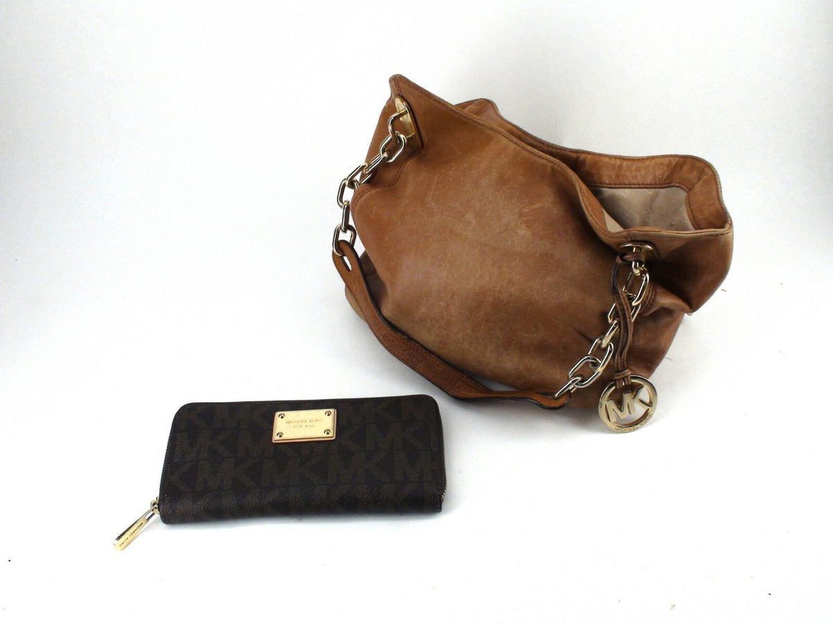 Michael Kors MK Lillie Chain Tan Brown Leather Tote With MK Wallet - Pre-Owned
