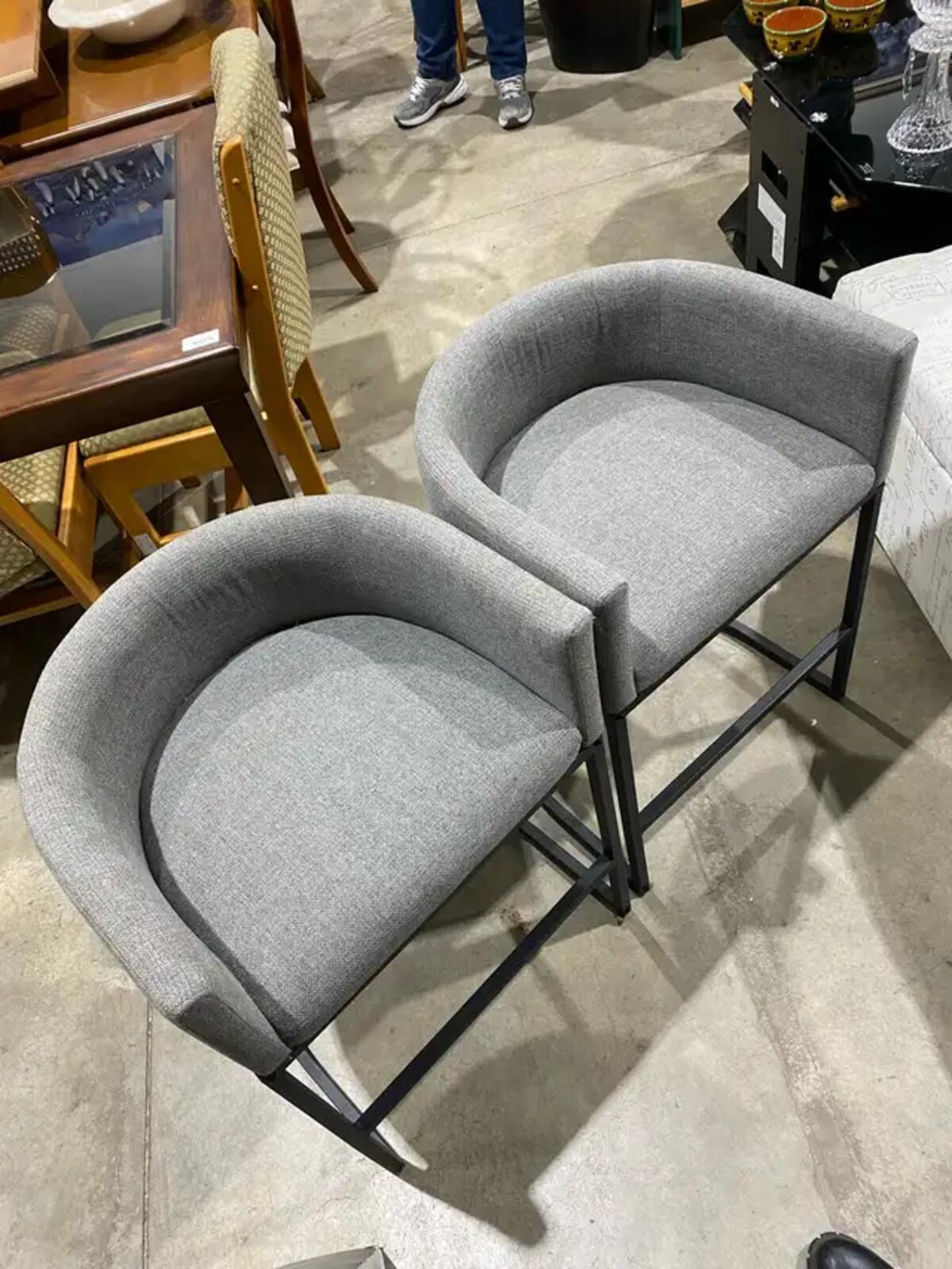 Set of 2 Grey Modern Upholstered Barrel Bar Stools
