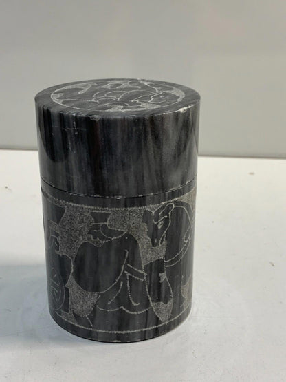 Vintage Collectible Black & White Carved Marble Jar