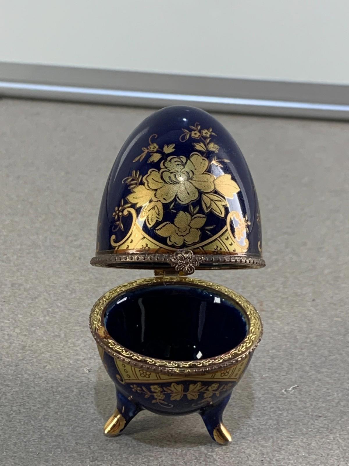 Floral AKM Vintage Porcelain Blue Egg Footed Trinket Box