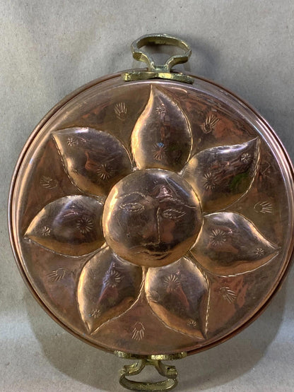 Antique Vintage Copper Mold Tin Lined  Brass Handles Sunshine Design Hand Forged