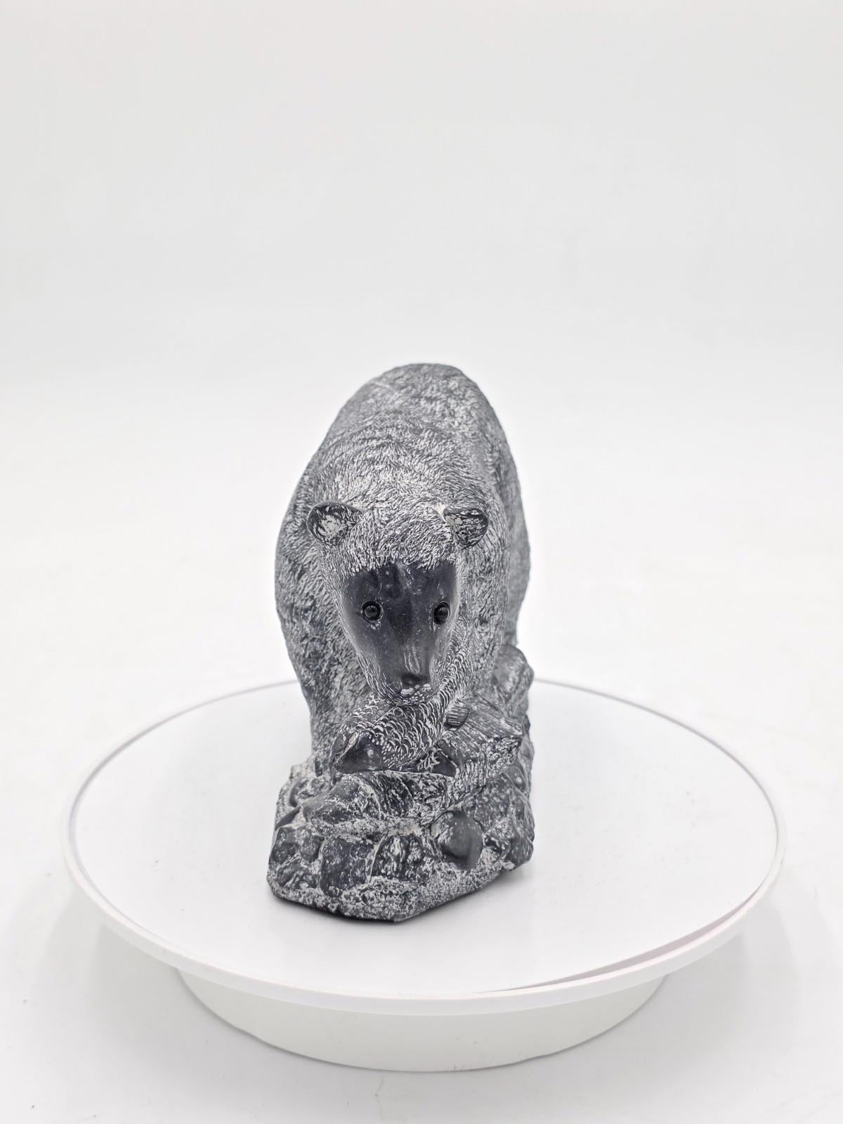 The Wolf Sculptures Canadian 7" Brown Bear With Salmon Hand Carved Soapstone