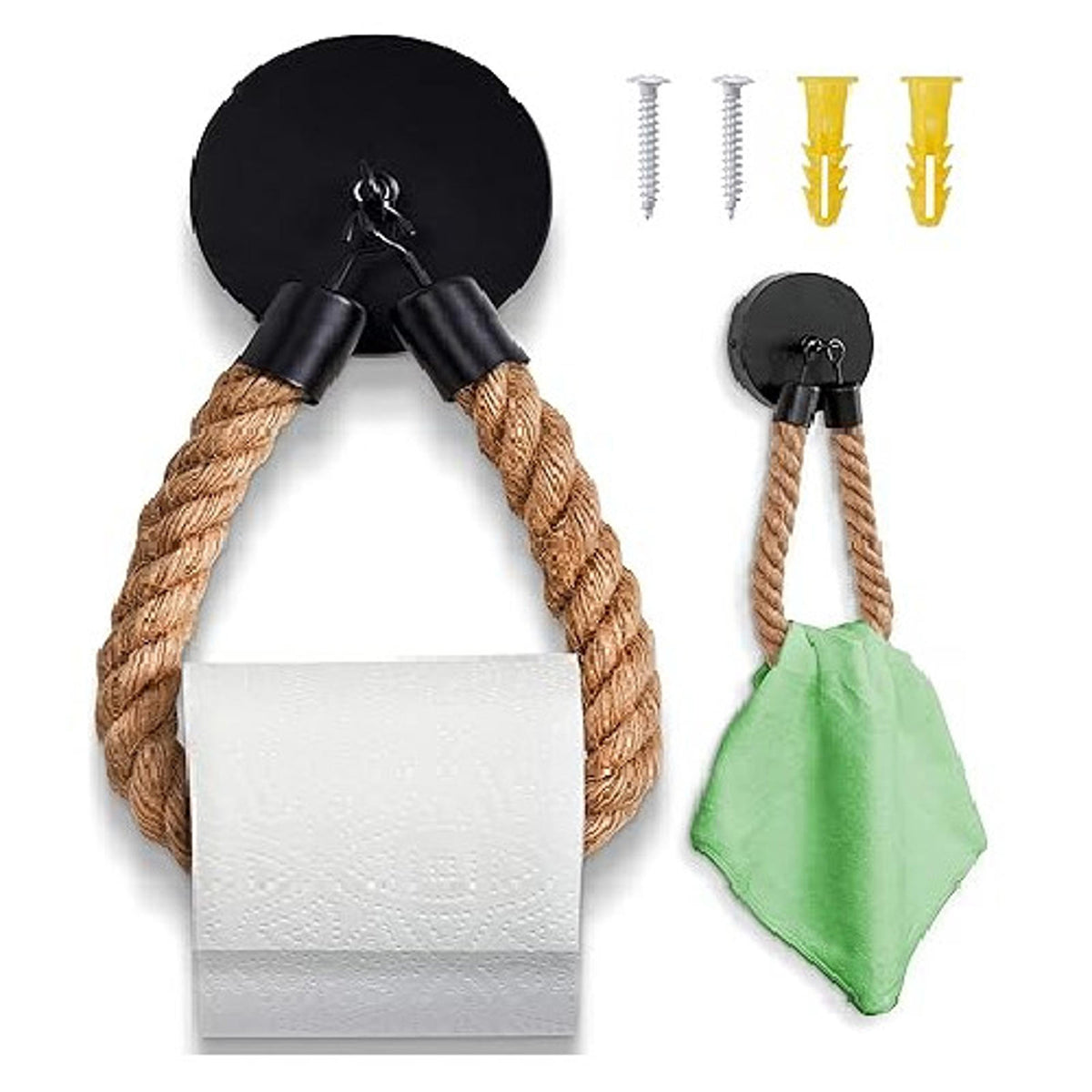 Toilet Paper Holder, Rustic Nautical Rope & Black Iron - Drill Mount, New In Box