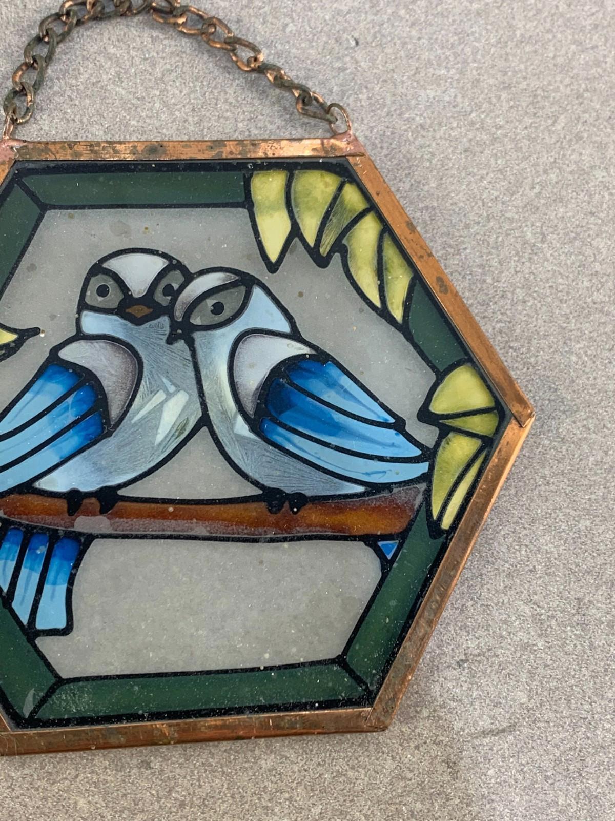 Vintage Octagon Shaped Stained Glass Owls on a Branch Suncatcher