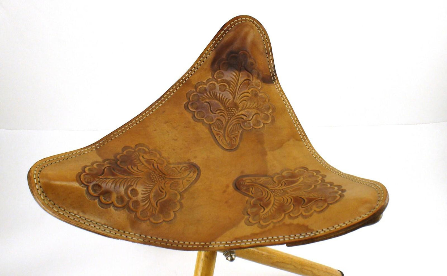 Vintage Hand-Tooled Leather Saddle Stool -Antique Folding Chair with Tripod Legs