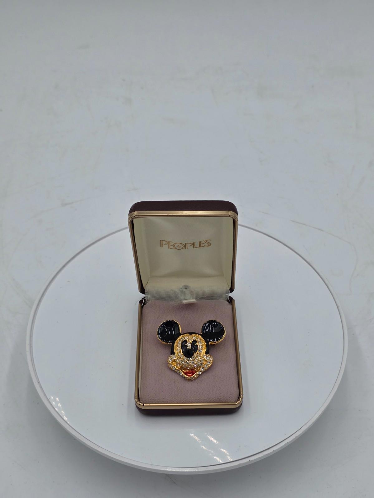 Vintage Mickey Mouse Disney Brooch Enamel Crystal Pin Gold Tone - Peoples Box