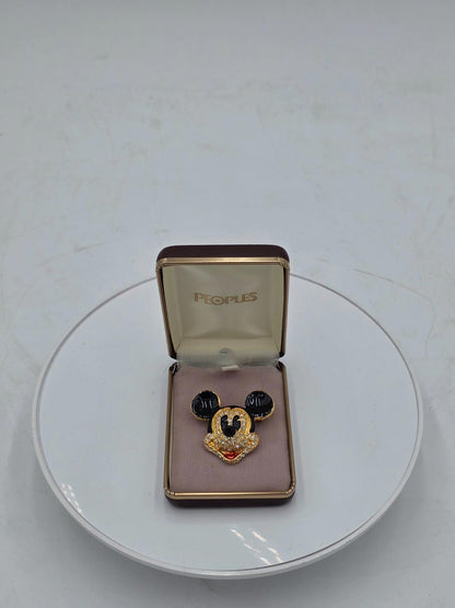 Vintage Mickey Mouse Disney Brooch Enamel Crystal Pin Gold Tone - Peoples Box