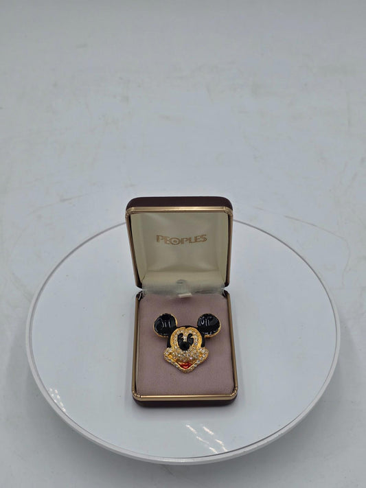 Vintage Mickey Mouse Disney Brooch Enamel Crystal Pin Gold Tone - Peoples Box