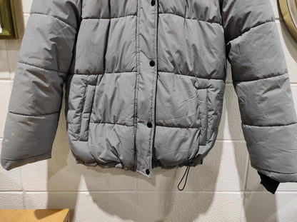 George Grey Hooded Pockets Long Sleeves Puffer Coat Jacket Size-XL