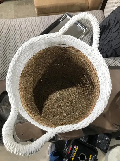 Woven Brown and White Seagrass Basket with Handles 10”