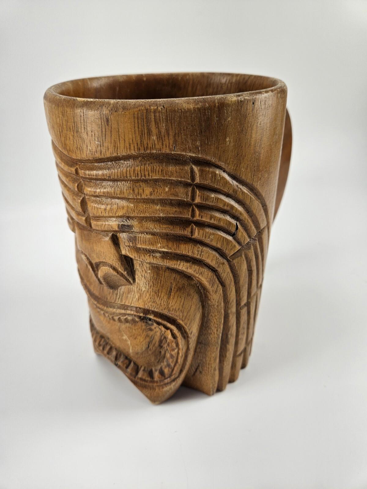 Tiki Hand Carved Wood Tankard Stein 8"