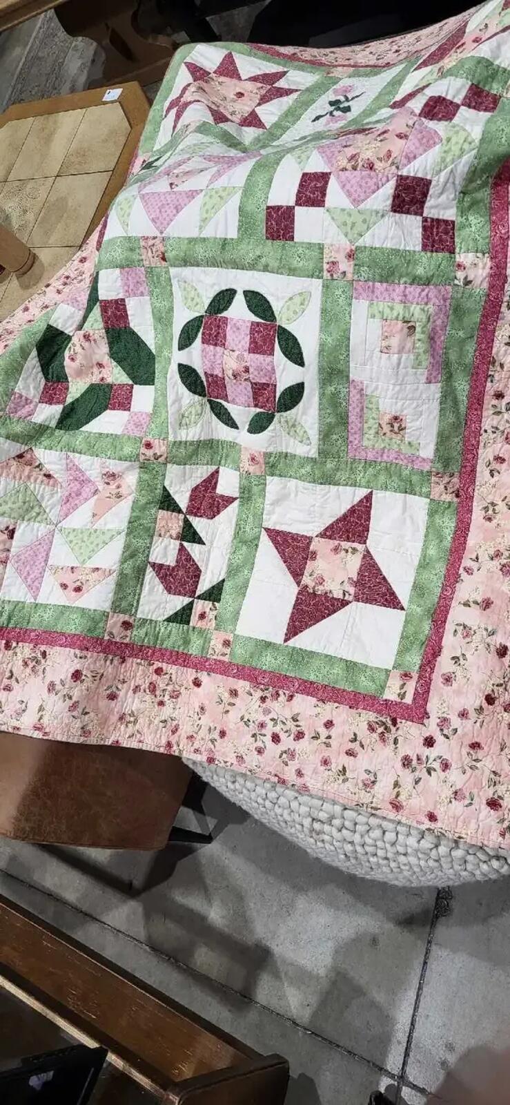 Hand Made Pink Floral Patchwork Floral Quilt
