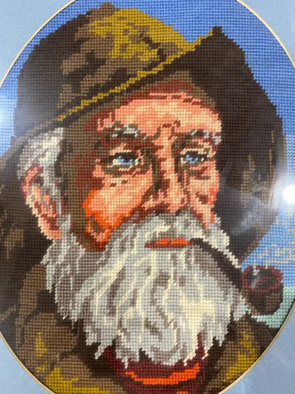 Framed Needlepoint Fisherman Art