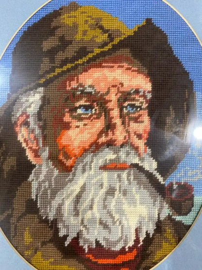 Framed Needlepoint Fisherman Art