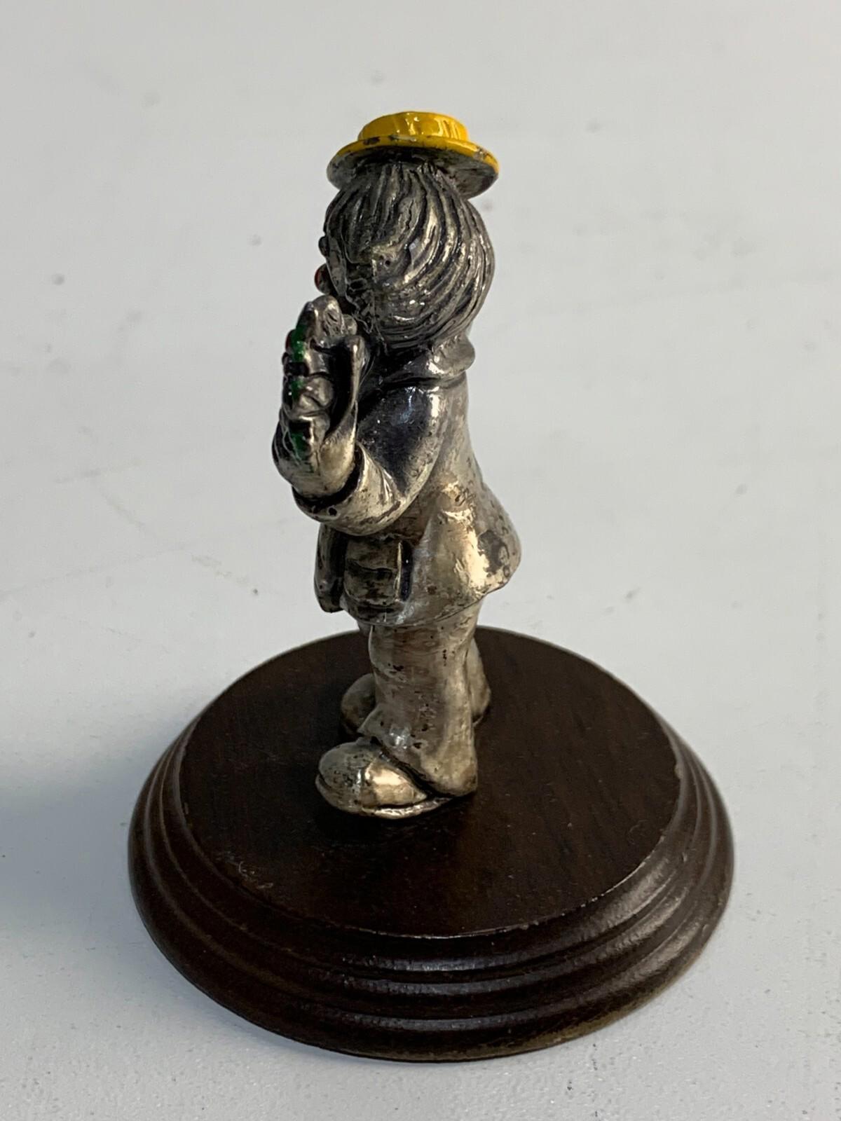Vintage George Good Cast Pewter Clown On Wood Base With Flowers