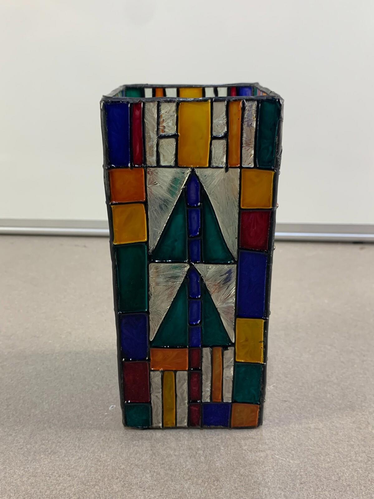 VTG Stain Glass Style Painted Votive Holder in Geometric Design Red Green Blue