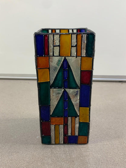 VTG Stain Glass Style Painted Votive Holder in Geometric Design Red Green Blue