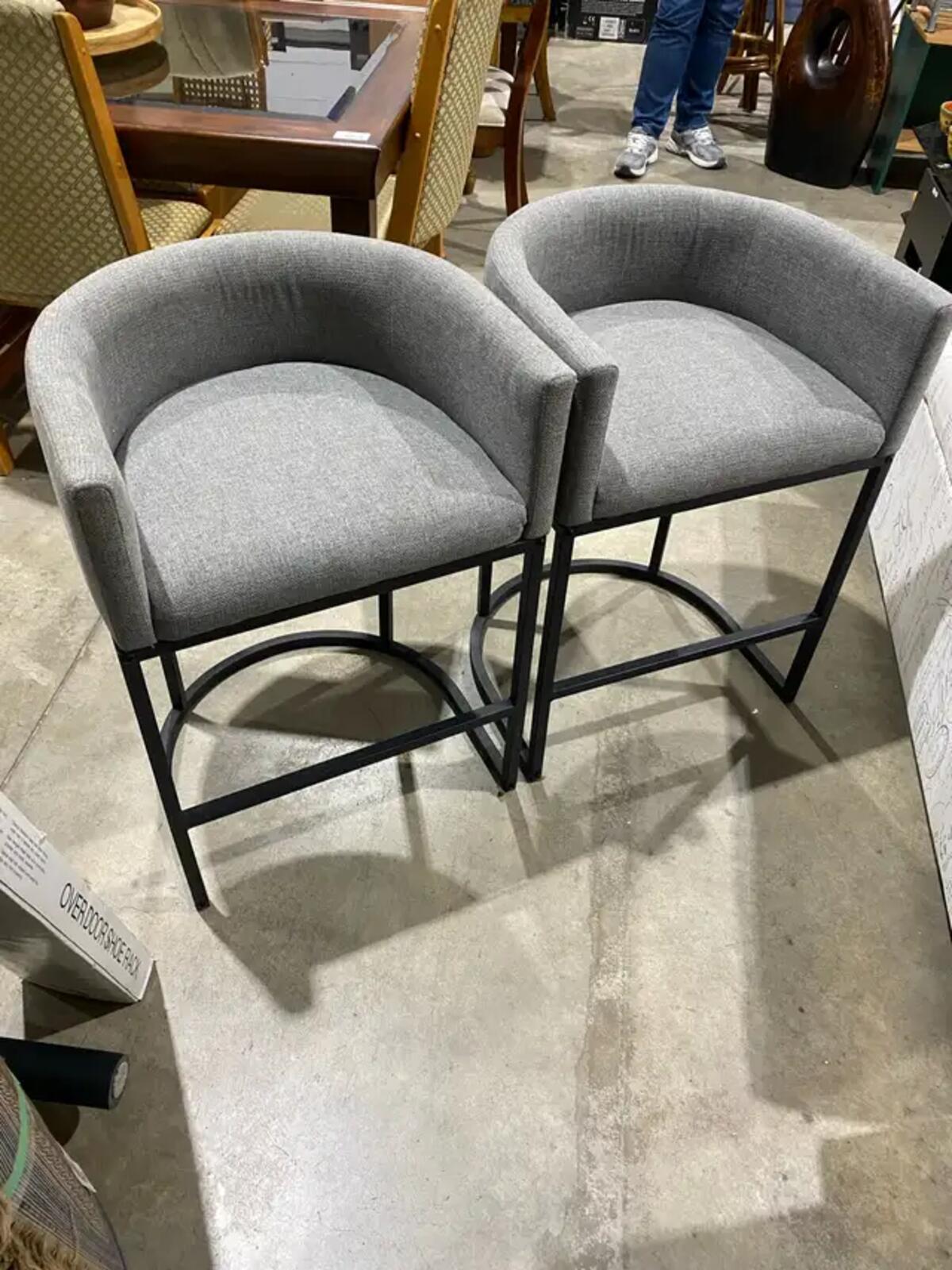 Set of 2 Grey Modern Upholstered Barrel Bar Stools