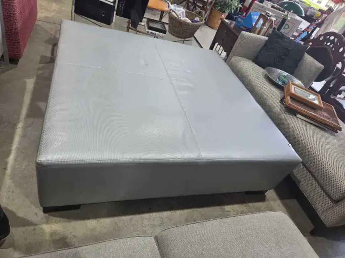 Extra Large Silver Leather Ottoman - 5x5ft