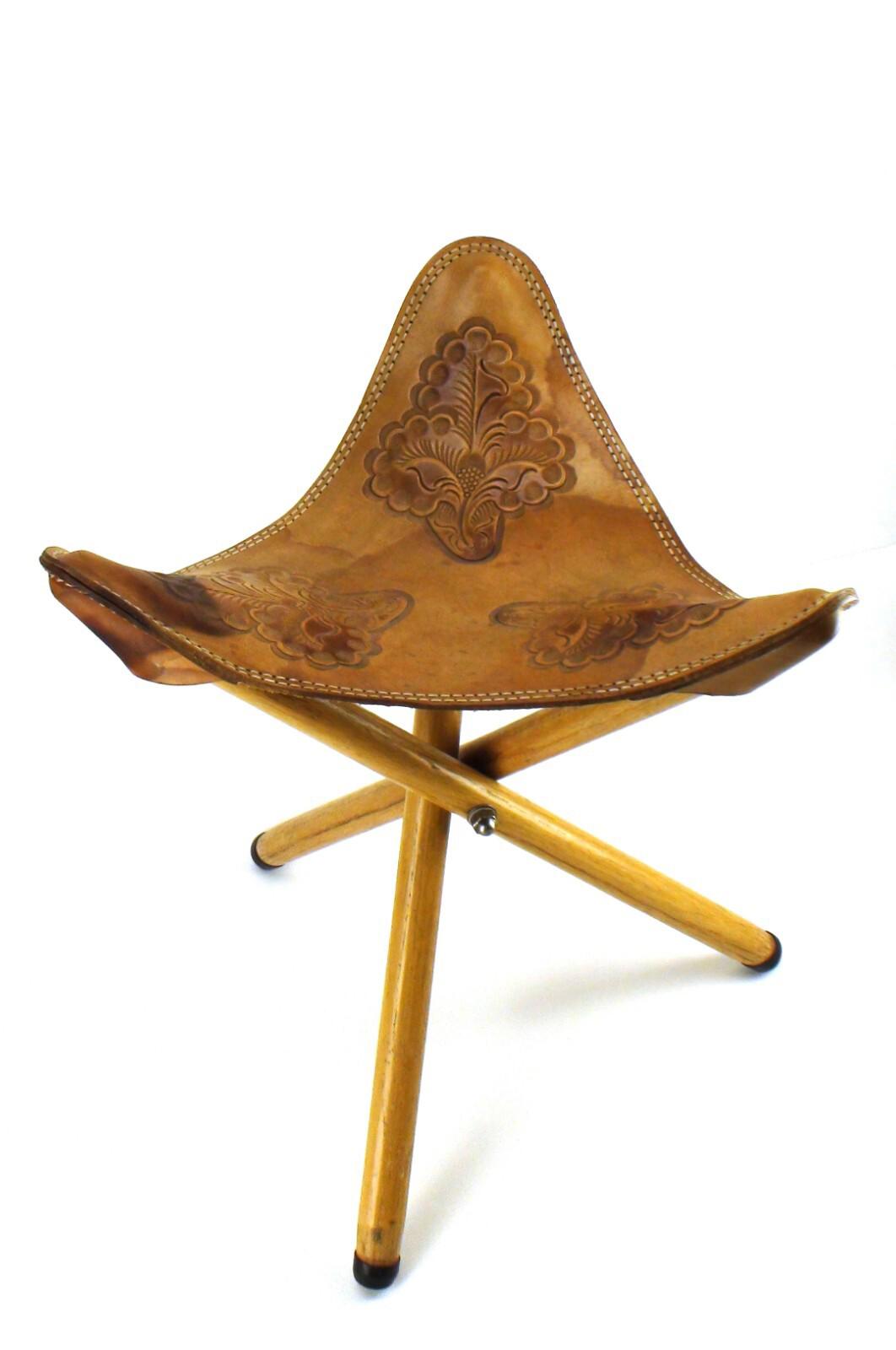 Vintage Hand-Tooled Leather Saddle Stool -Antique Folding Chair with Tripod Legs