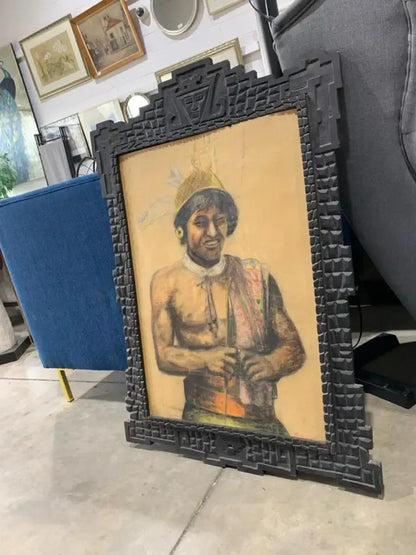 Vintage Original Pastel Portrait - Indigenous Subject in Custom