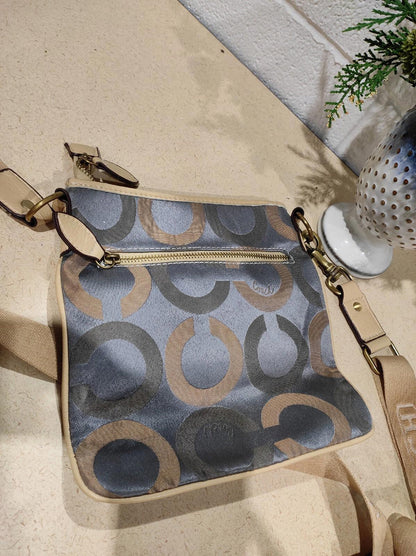 Coach Crossbody Purse Cream with blue and tan pattern
