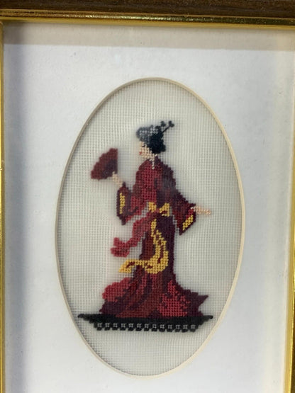 VINTAGE HANDMADE PAIR NEEDLE POINT ART ASIAN MAN AND LADY IN FRAMES
