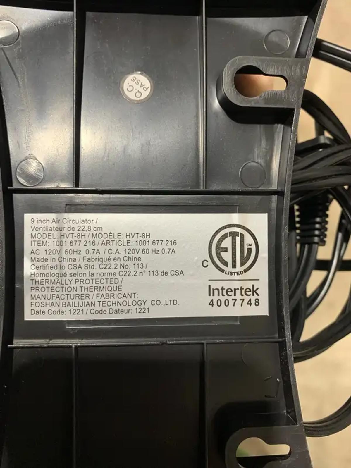 Intertek Black Table Fan