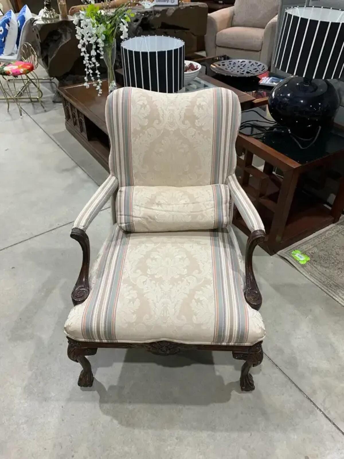 Vintage upholstered Accent Chair with carved details