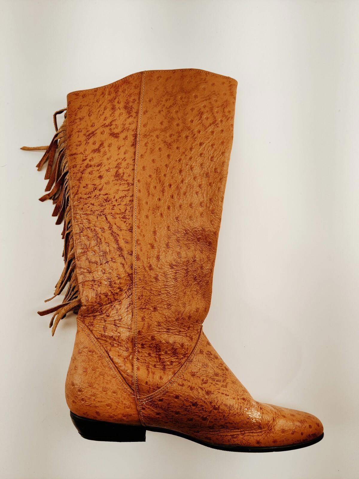 Bottes vintage à franges en cuir d'autruche couleur fauve pour femme, pointure 38