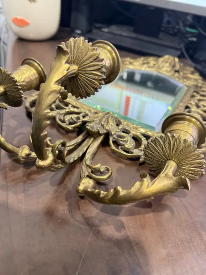 Vintage Brass Mirror With Candleholder
