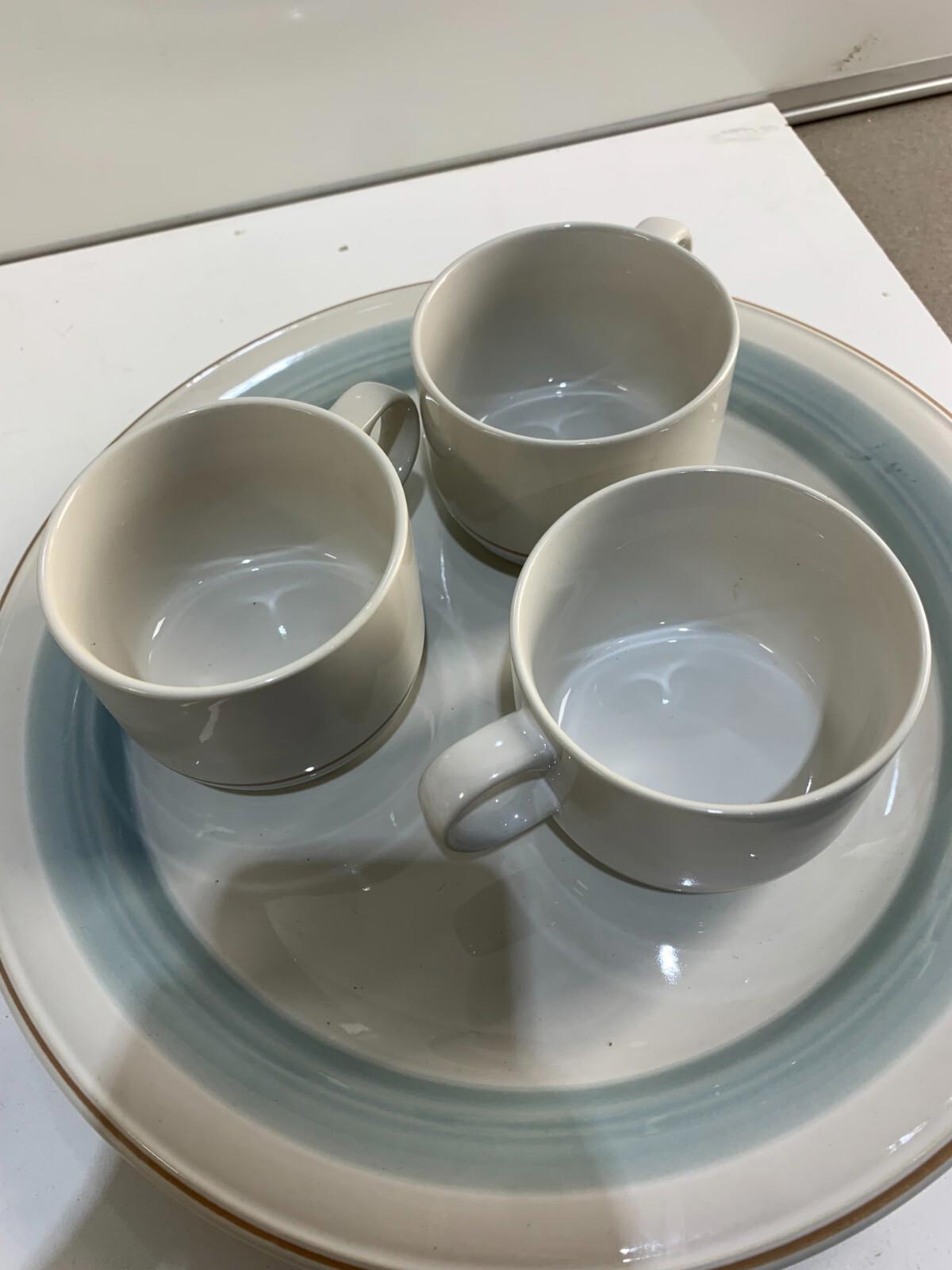 Vintage Genuine Stoneware Country Morn Coffee Cups, Creamer, Sugar Bowl & Plate