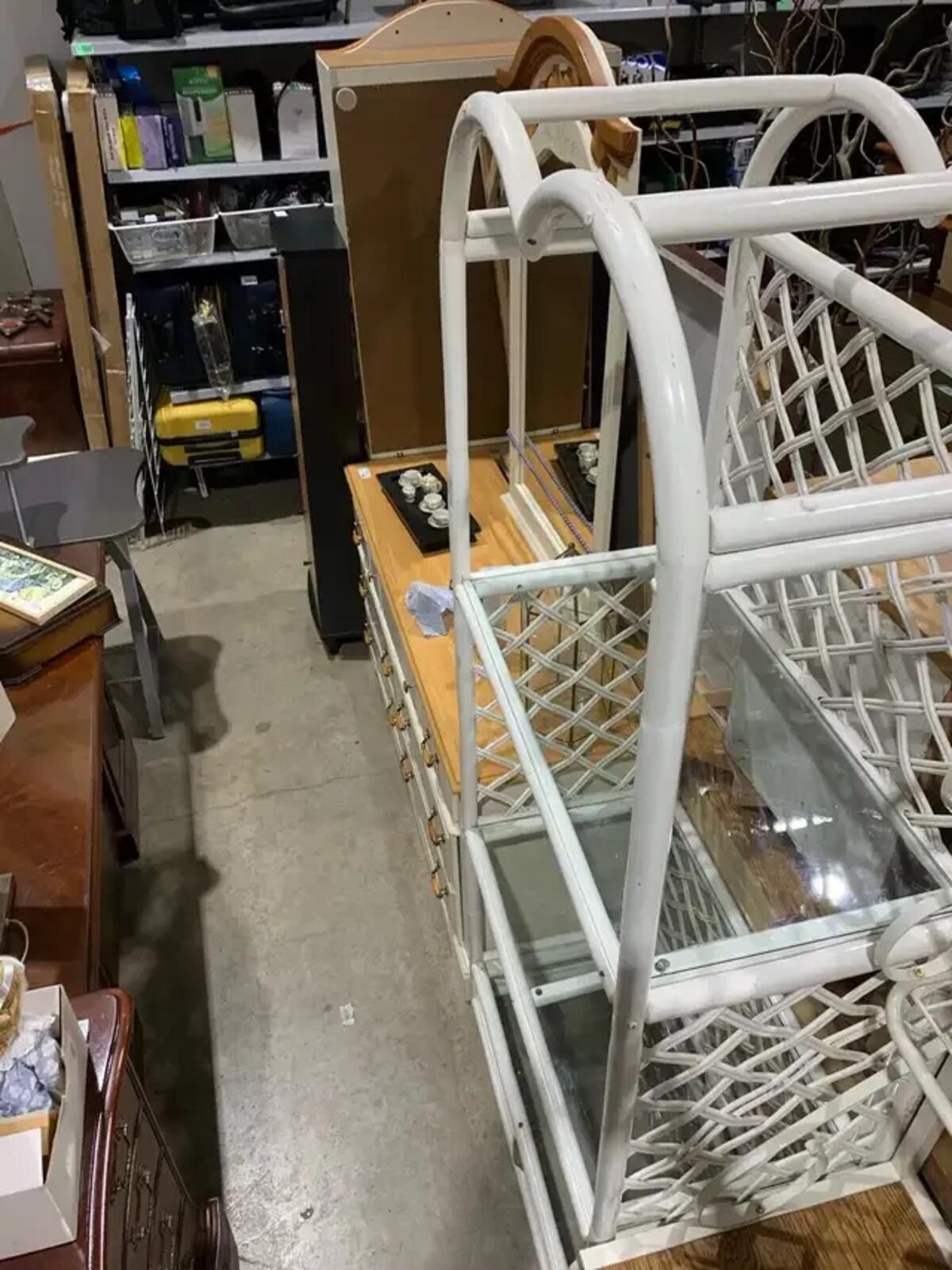 Large White Rattan Glass Shelf Unit