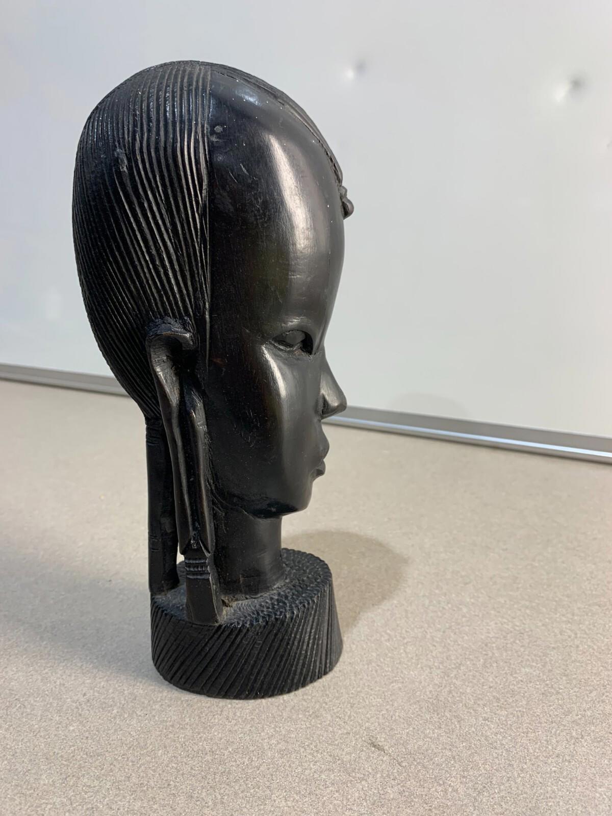 Ebony Wood Bust Carved African Art Tribal Warrior Head Sculpture.