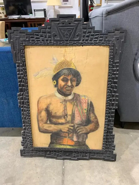 Vintage Original Pastel Portrait - Indigenous Subject in Custom