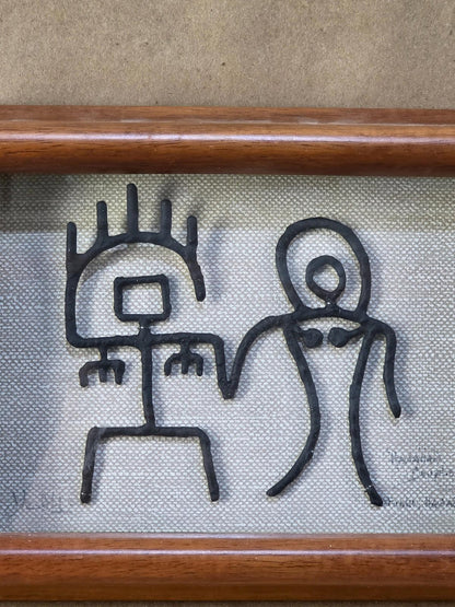 Vintage Hawaii Petrogylph Hawaiian Couple Wedding Koa Wood Framed Art
