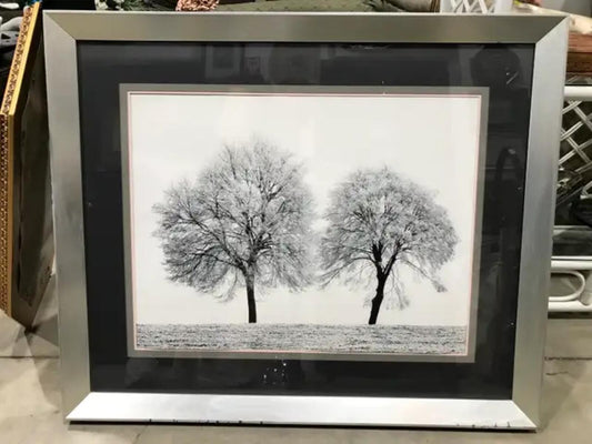 Large Framed Grey-Scale Wall Art: Two Trees in a Valley