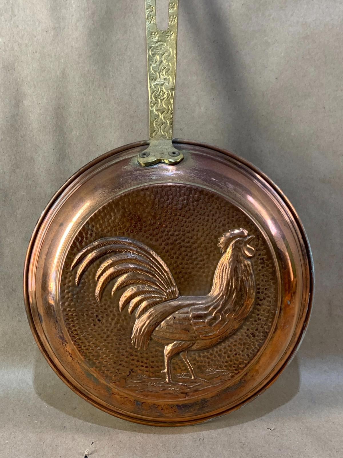 Vintage Copper Pan Mold Folk Rooster Brass Handle Great Patina