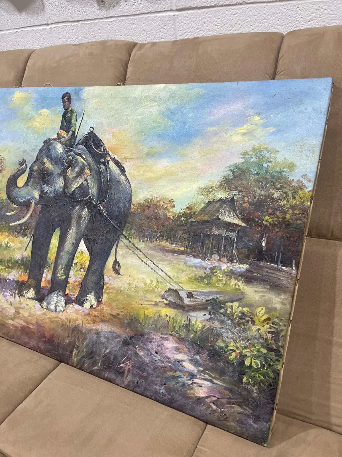 Vintage oil painting Asian elephant