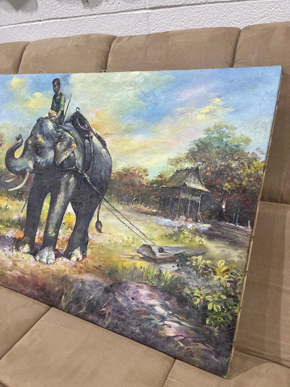 Vintage oil painting Asian elephant