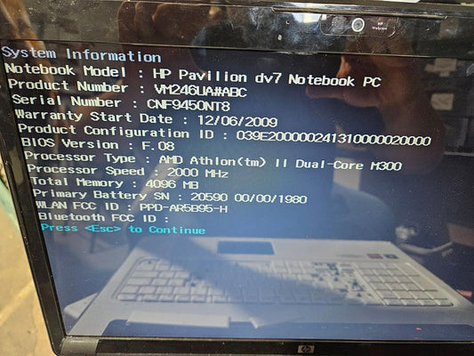 HP DV7-3028CA Motherboard w/ AMD Athlon 2Ghz - 4GB Memory